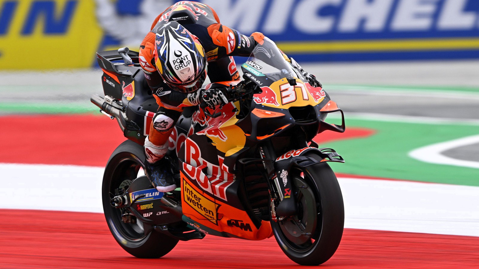 Pedro Acosta checks his KTM, FP1, 2026 Red Bull Ring MotoGP.