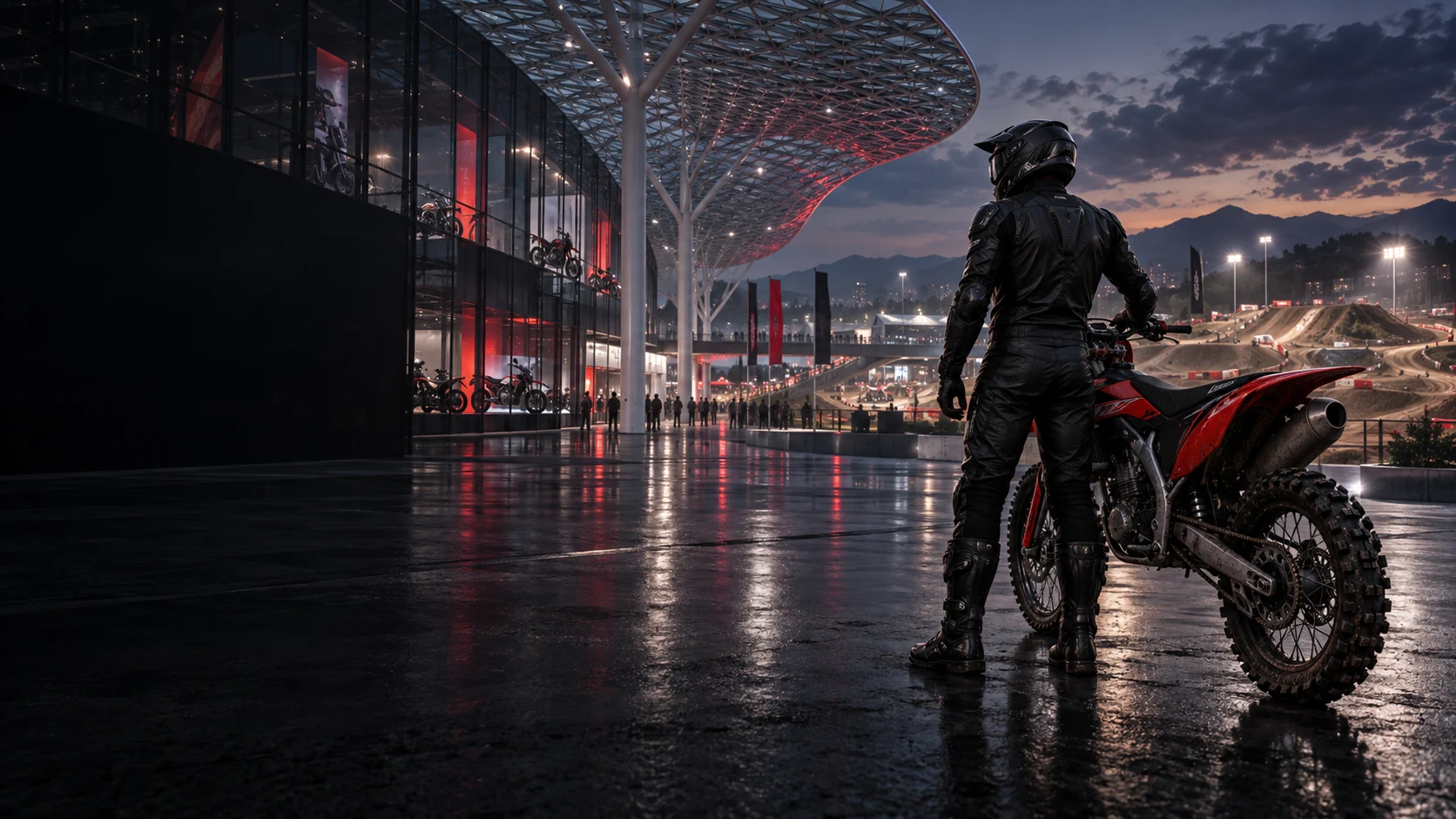 Rider and motorcycle outside a virtual exhibition.